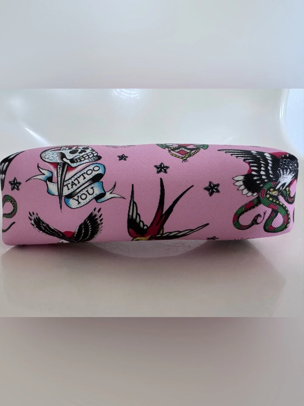 NWOT Ed Hardy Pink Tattoo Print Cosmetic Makeup Bag Y2K Travel Pouch Zip Case